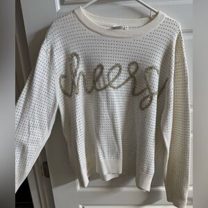 QUEEN OF SPARKLES White Sweater with Gold 'Cheers' Design